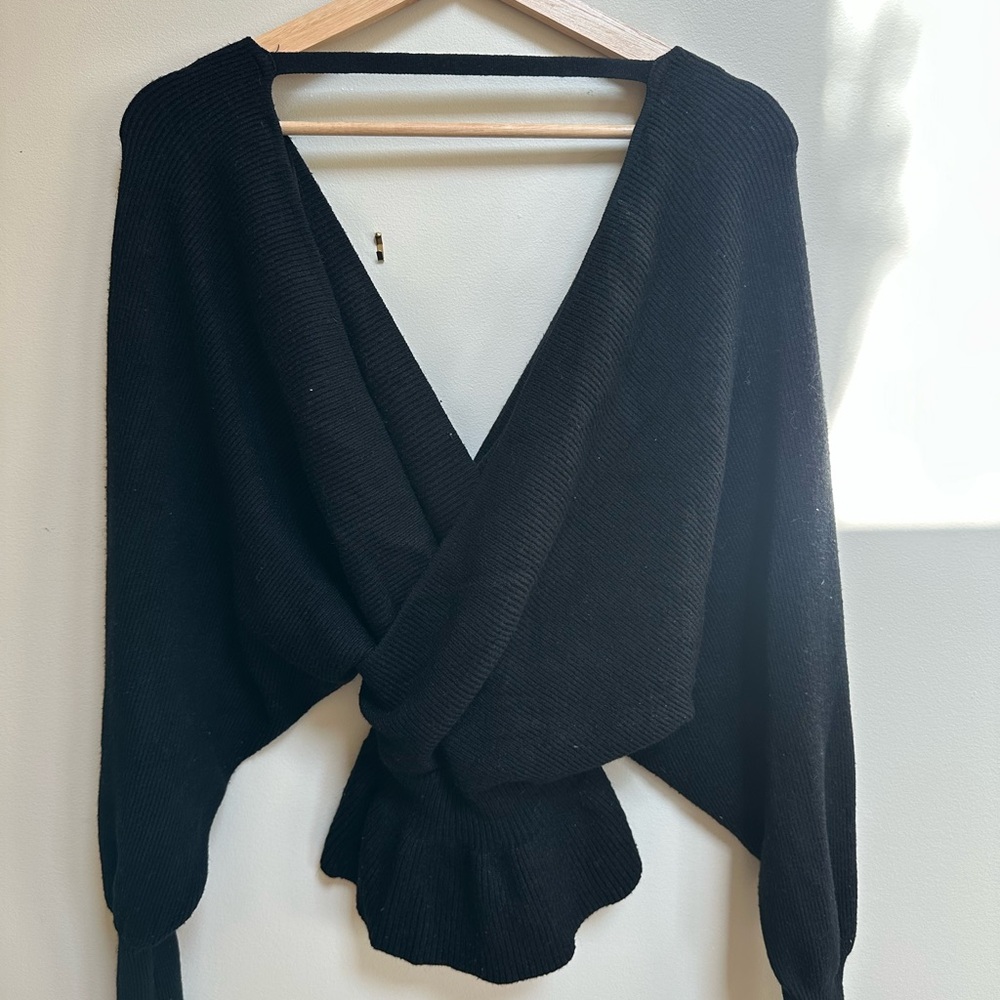 FAVLUX Black V-Neck Wrap Sweater